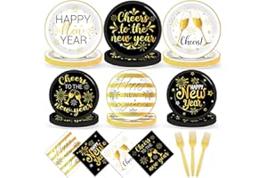 YIAOYINNZ 96Pcs New Years Party Supplies 2026 Black and Gold Themed Paper Plates Napkins Cheers Party Tableware Disposable Dinnerware Happy New Years Decorations Set for 2026 NYE Holiday Celebration Table Decor