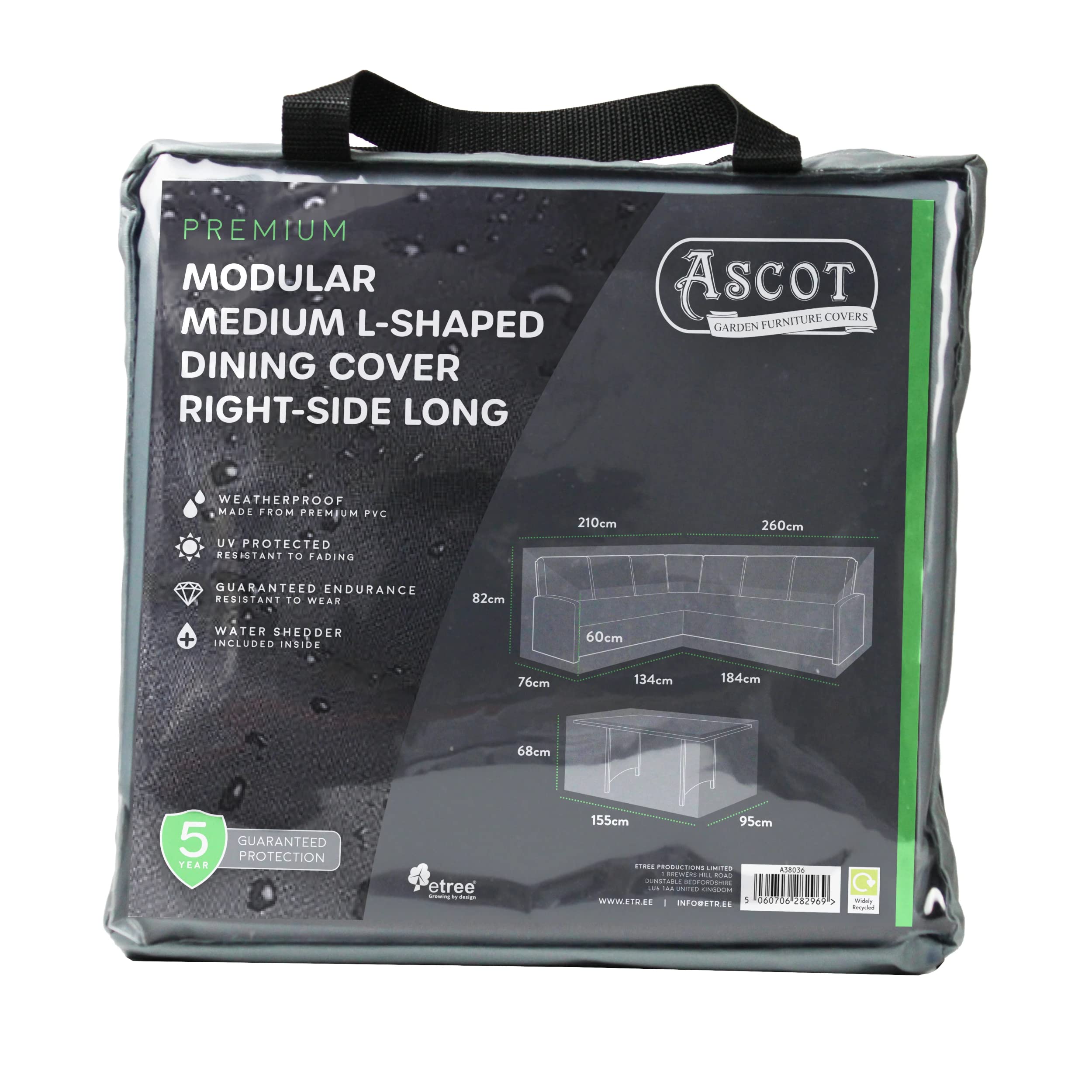 Ascot Premium Modular Medium L Shaped Dining Cover (right side long) - 260/184 X 210/134 X 76 (D) X 60/82 (H) Table: 155 X 95 X 68 H Modern Grey
