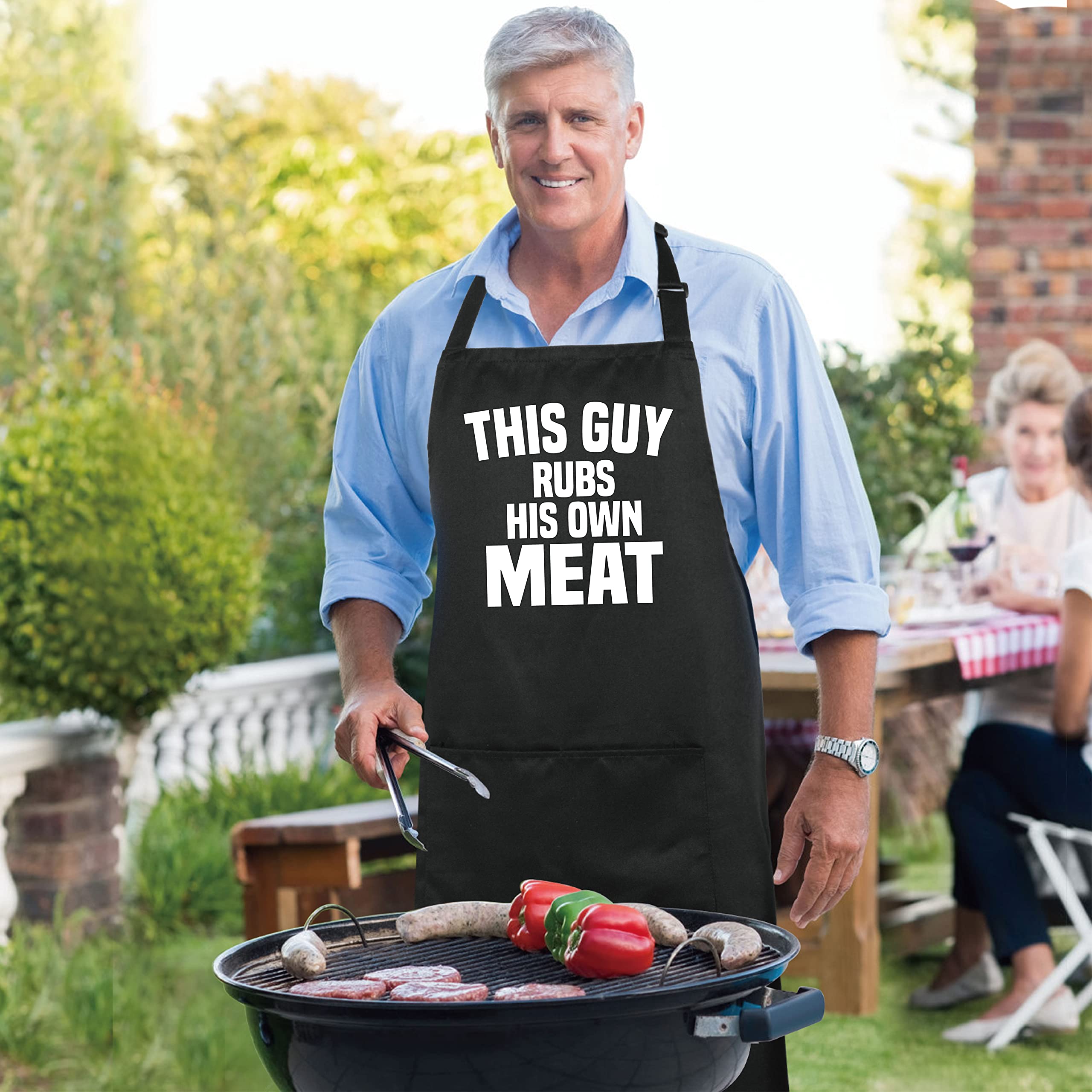 Xornis 100% Cotton Funny Aprons This Guy Rubs His Own Meat with 2 Pockets BBQ Grilling Adjustable Bib Aprons Gifts for Men Dad Friends Father