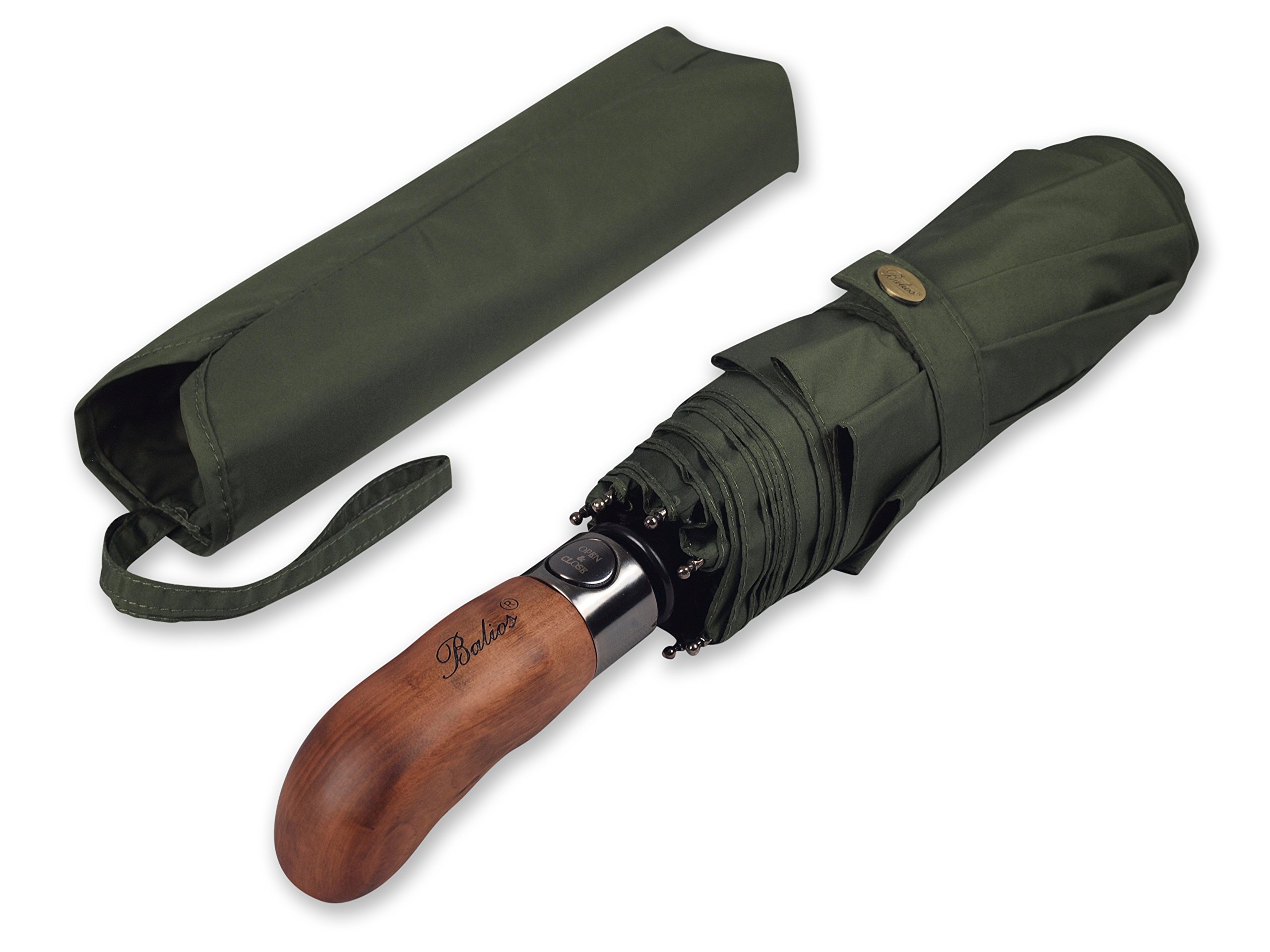 Balios Travel Umbrella Wood Handle Auto Open Close Single Canopy Olive Green