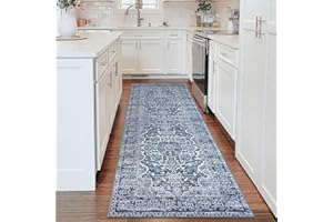 KUTA Vintage Washable Kitchen Runner 3x8, Kitchen Runners Non Skid Washable 8 ft Blue, Printed Oriental Distressed Floral 3x8 Runner Rug Area Rug Ultra Soft Carpet Runner for Bedroom Living Room