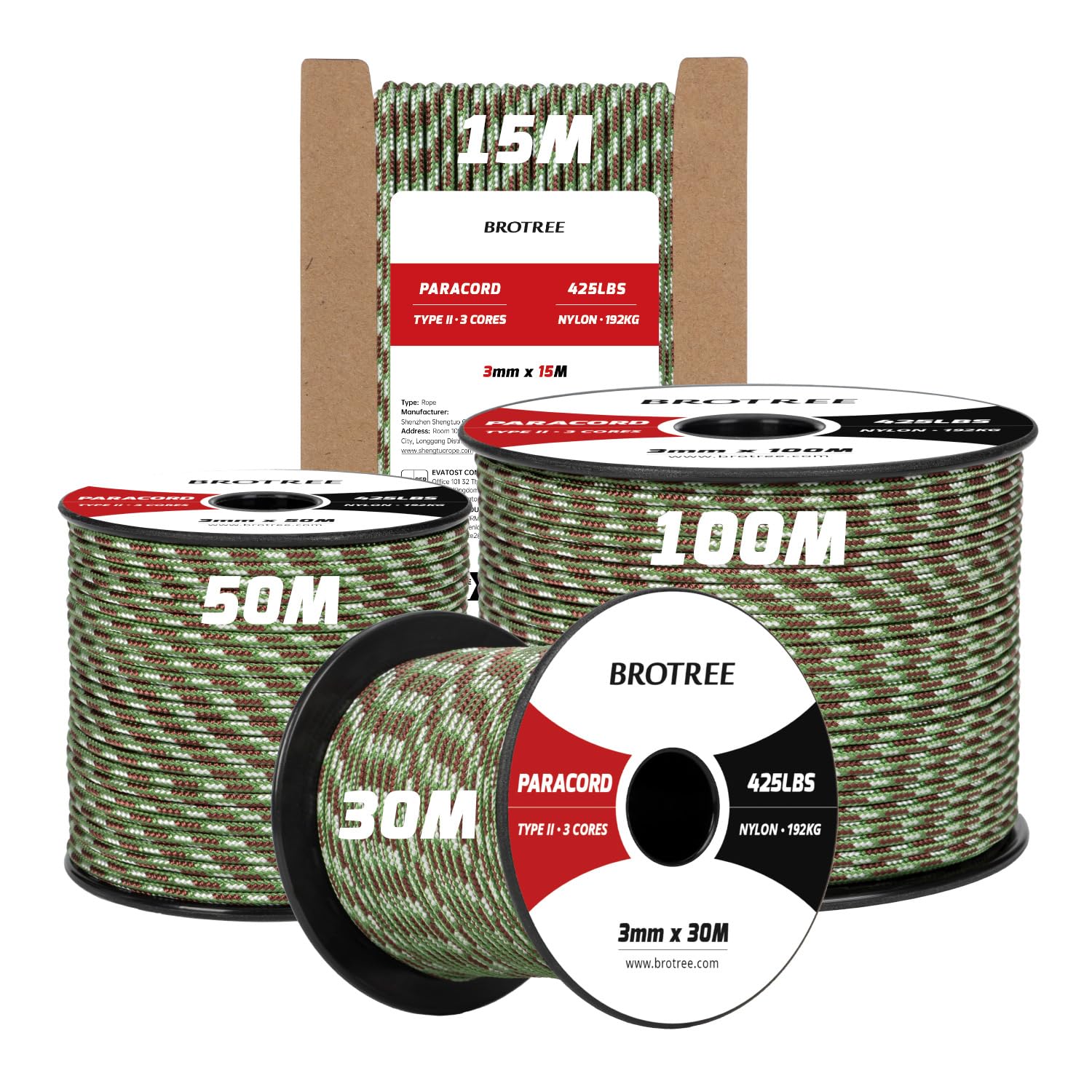 Brotree 3mm Paracord 425 100% Nylon 100M Rope 3 Strands Type II Parachute Cord for Outdoor, Craft, DIY - 192kg Breaking Load (Army Green Camo)