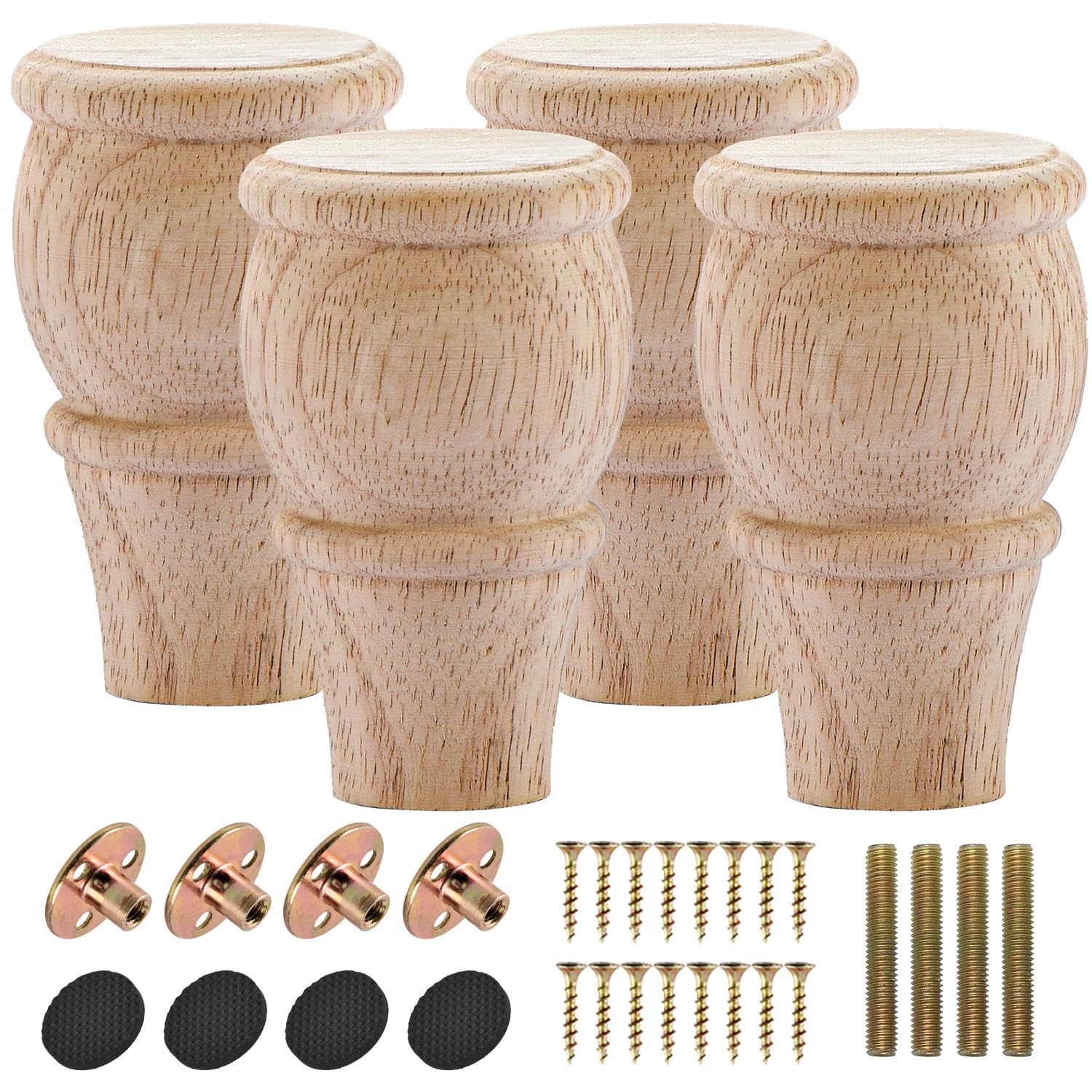 Btowin VCF 4 Inch / 10cm Wooden Furniture Legs, 4PCS Solid Wood Carved Geometry Sofa Legs Unfinished DIY Replacement Bun Feet with Mounting Plate & Screws for Sofa Cabinet Couch Table TV Stand