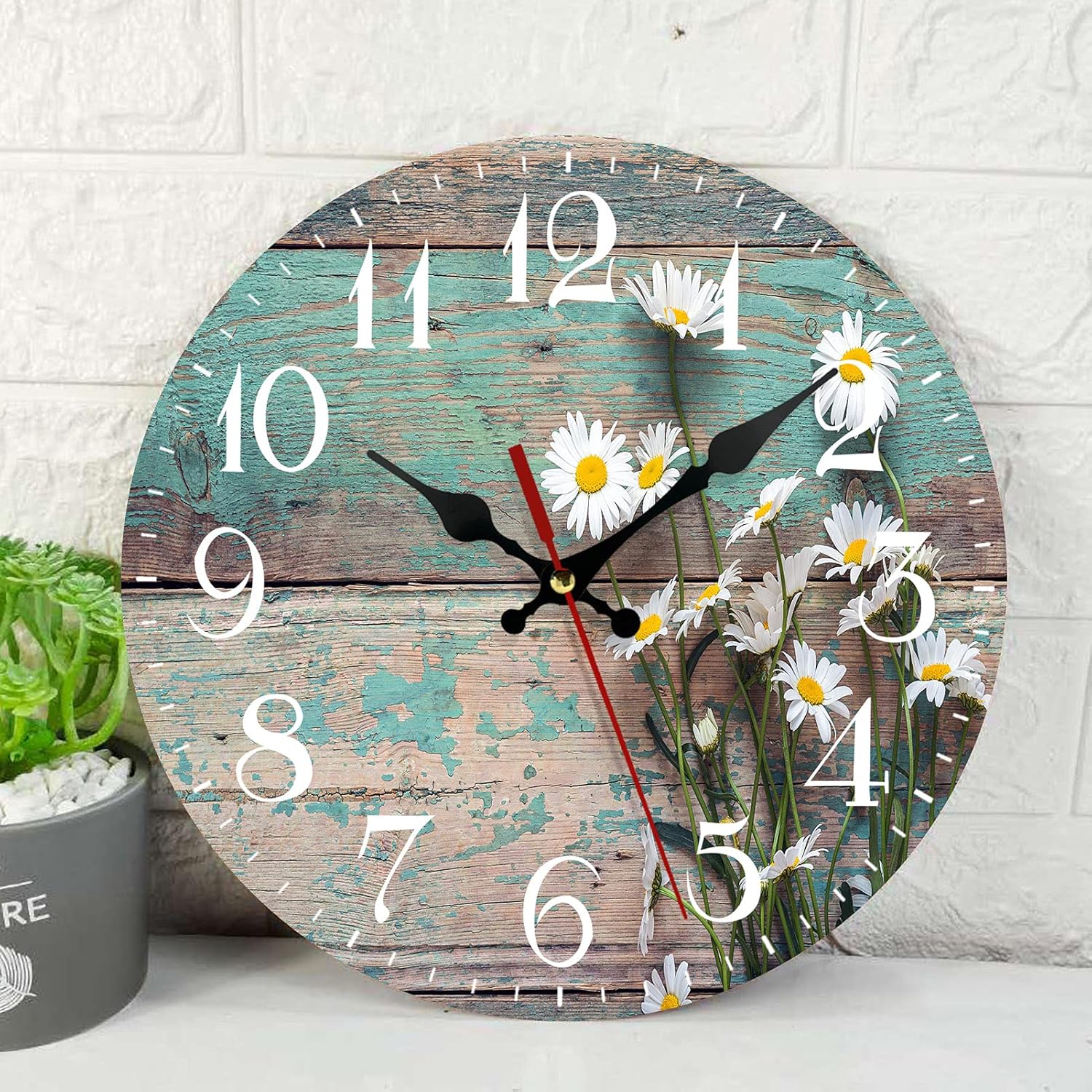Wooden Wall Clock Silent Non-Ticking , Daisies Old Boards Dhabby Floral Vintage Round Coastal Wall Clocks Decor for Home Kitchen Living Room Office, Battery Operated(12 Inch)