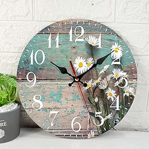 Wooden Wall Clock Silent Non-Ticking , Daisies Old Boards Dhabby Floral Vintage Round Coastal Wall Clocks Decor for Home Kitchen Living Room Office, Battery Operated(12 Inch)