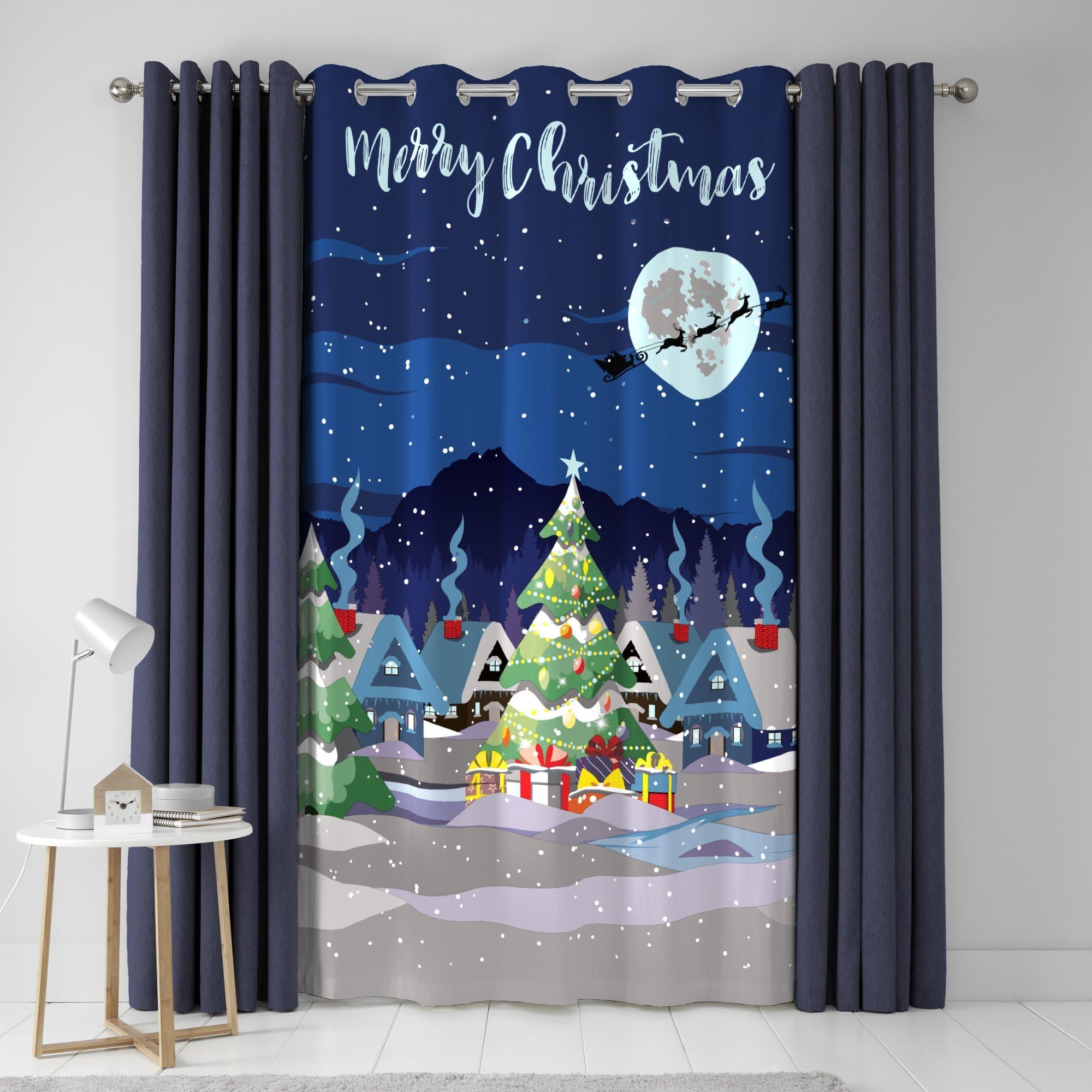 Bedlam - Christmas Curtain W55 x L84 (138 x 214cm) - Eyelet - Glow in the Dark for Xmas - Festive Town Curtain for Bedroom/Living Room