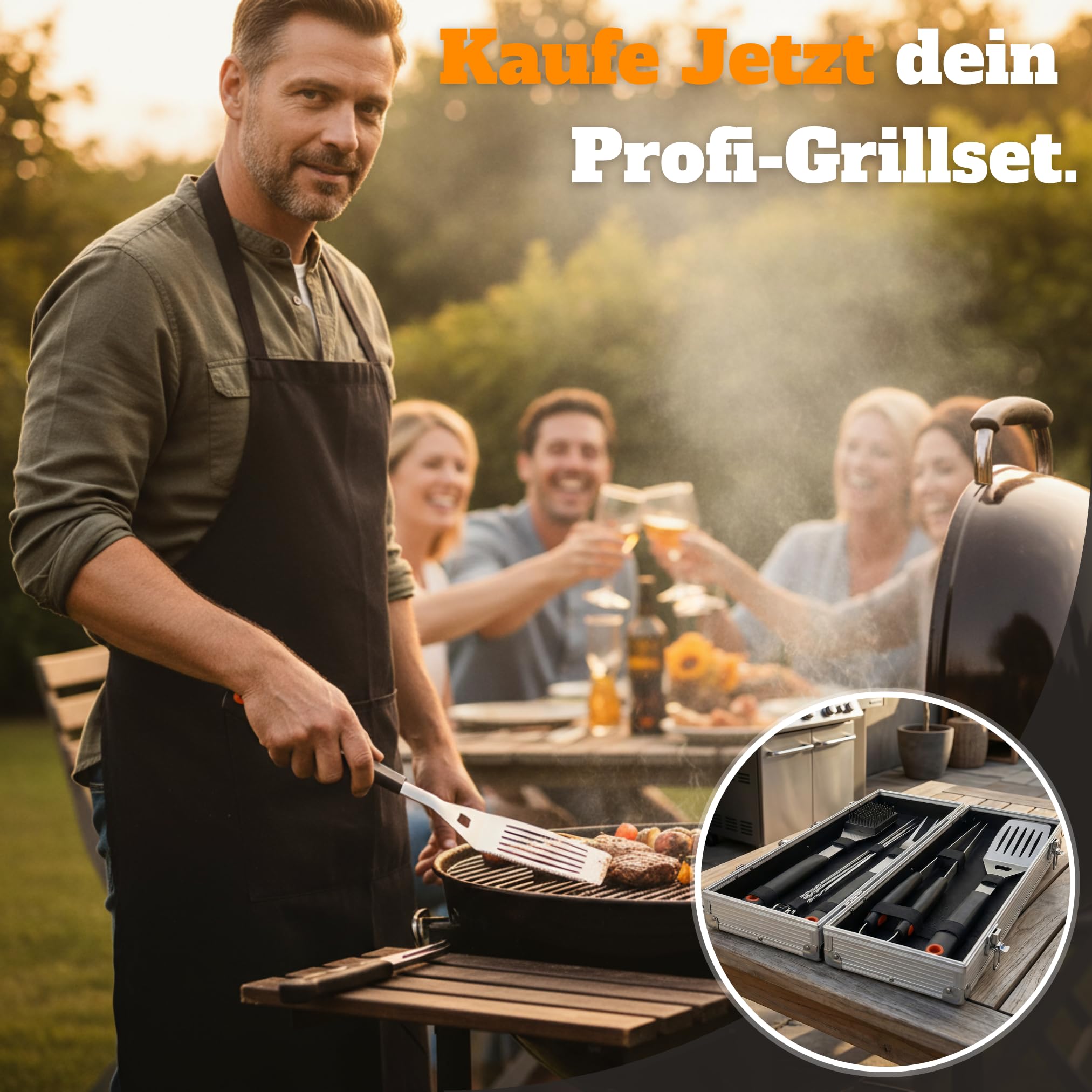 Grillkoffer Grillset für Männer - Grill Set mit Metallkoffer aus Edelstahl, Grillbesteck & Grill Zubehör, 3 in 1 Wender mit Flaschenöffner und Schneidekante 7