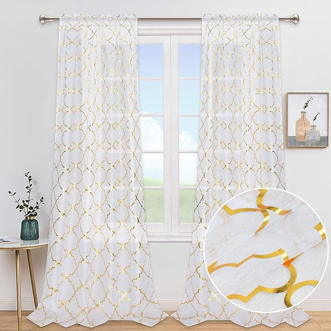 White Gold Moroccan Curtains, SemiSheer Voile Window Curtain Panels