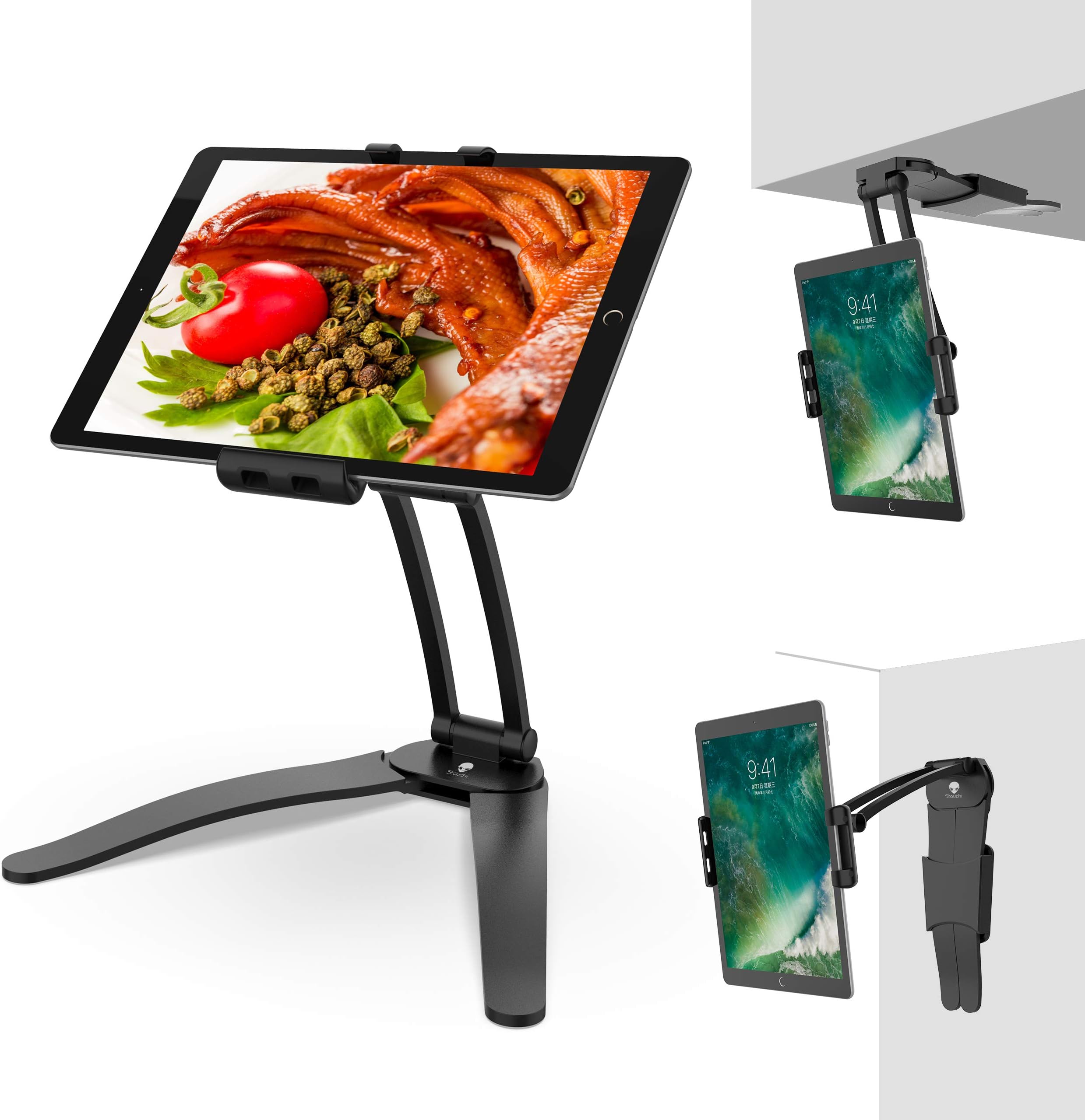 Kitchen Stand for iPad, Stouch Kitchen Desktop Tablet Wall Mount iPad Holder for iPad Air/Mini, iPad 2nd-4th Generation, Kindle Fire, Other 7-10-Inch Screen Tablets Between 4.7-7.5 Inches Wide Black