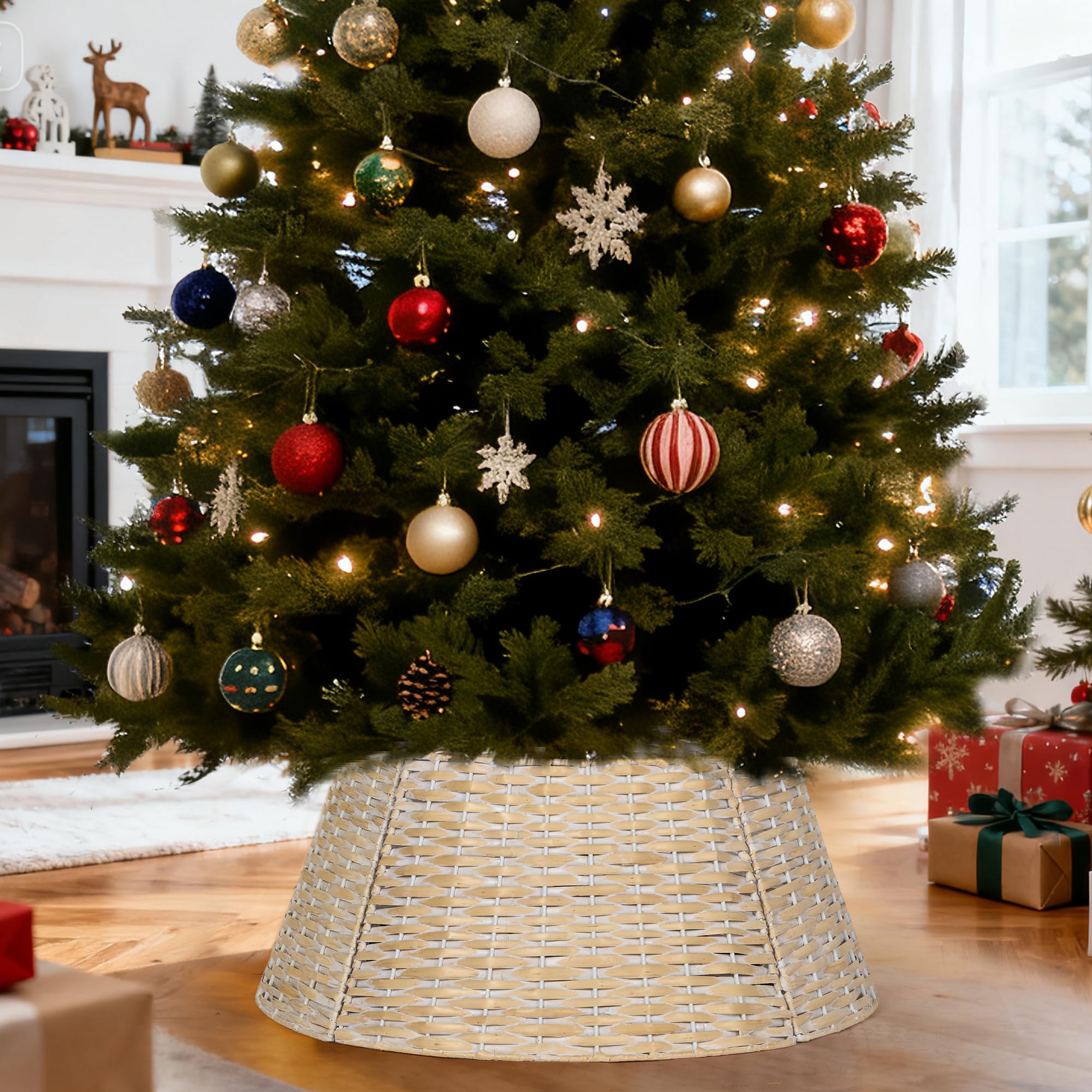 Photo 1 of 24 Inch Wicker Christmas Tree Collar, Handwoven Rattan Tree Base Cover with Cable Slot and Metal Frame, Durable Tree Stand Cover for Xmas Trees, Indoor Outdoor Use