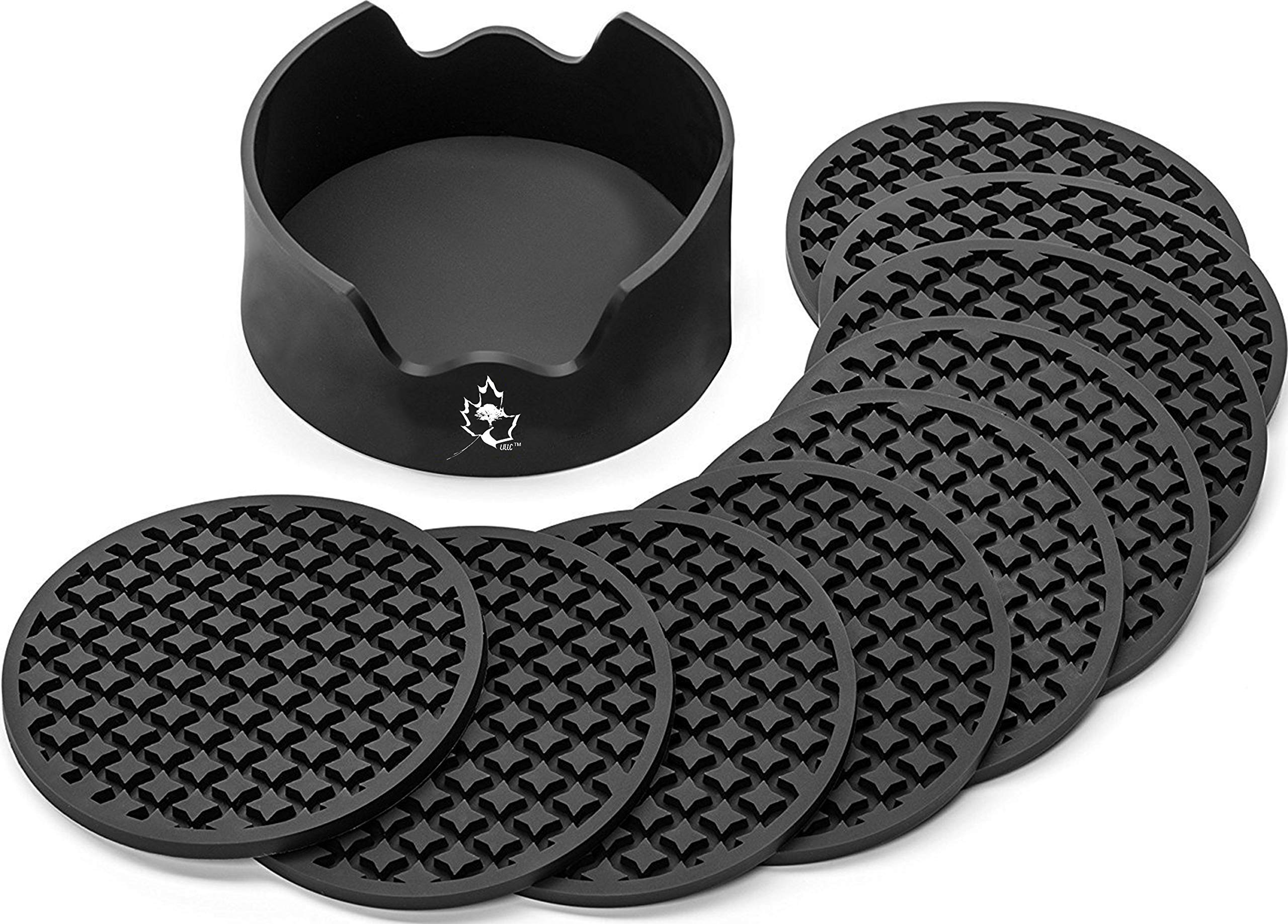 Premium Quality Drink Coasters - Set of 9 Black Coasters & A Holder - For All Beverages & Types Of Furniture - Supreme Medical Grade Silicone Construction - Thick, Leakproof & Non Slip - Large 4"