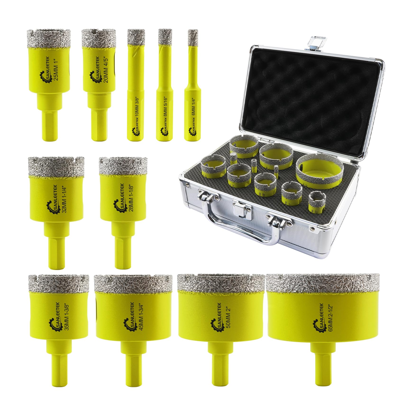 Diamond Core Drill Bits Set - 11pcs（6/8/10/20/25/28/32/35/45/50/65mm) Hole Saw Kit with Triangle Shank for Porcelain Tile Ceramic Granite Marble SANLEETEK — image 1