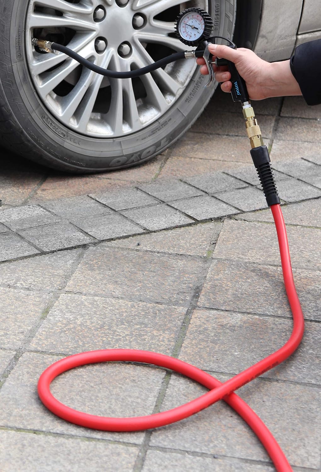 YOTOO Hybrid Air Hose 1/4-Inch by 100-Feet 300 PSI Heavy Duty, Lightweight, Kink Resistant, All-Weather Flexibility with 1/4-Inch Industrial Quick Coupler Fittings, Bend Restrictors, Red : Home Improvement