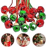 MEMOVAN Christmas Bell Necklaces 48pcs Red Green Jingle Bells Holiday Necklaces with Ribbons for Pet Christmas Holiday Party Accessories Stocking Stuffer