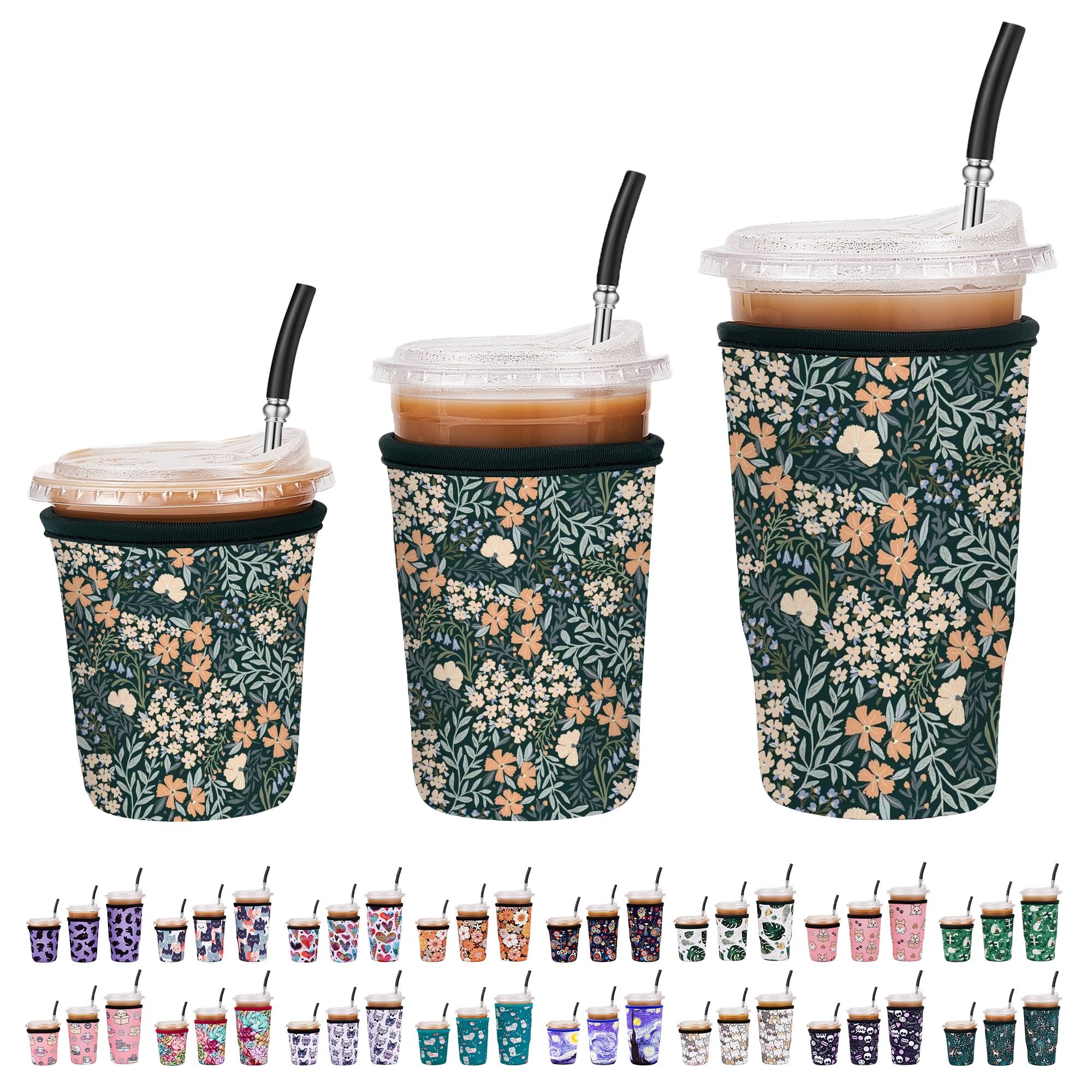 Photo 1 of Cavllson 3 Pack Reusable Insulated Neoprene Iced Coffee Sleeves & Coffee Cup Holder, Universal Fit 16-32oz Cups for Hot/Cold Beverages - Flower-3 Pack