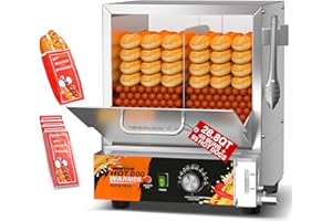 WantJoin Hot Dog Steamer Machine - 28.8QT Commercial Electric Hotdog Machine with Bun Warmer Tempered Glass Stainless Steel Steamer Machine for 95-105 Sausages and 30-40 Buns