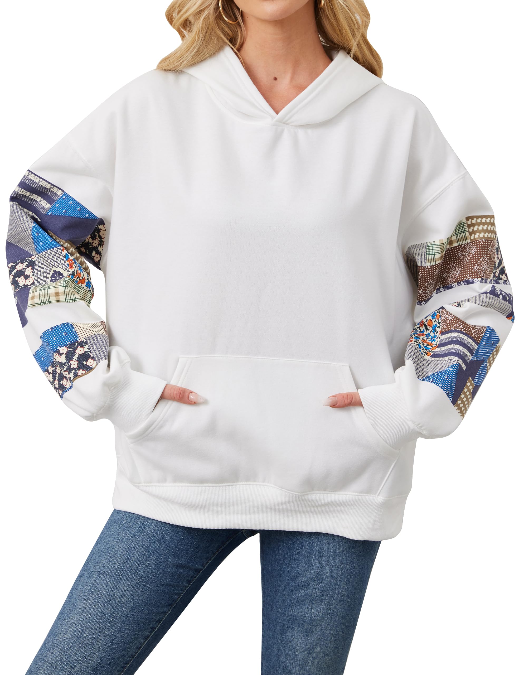 Photo 1 of ***(HEAVILY USED/ MINOR DAMAGE)***TERIVEEK Graphic Hoodies for Women Oversized Floral Print Fleece Hooded Sweatshirts Long Sleeve Y2k Boyfriend Pullover Tops White