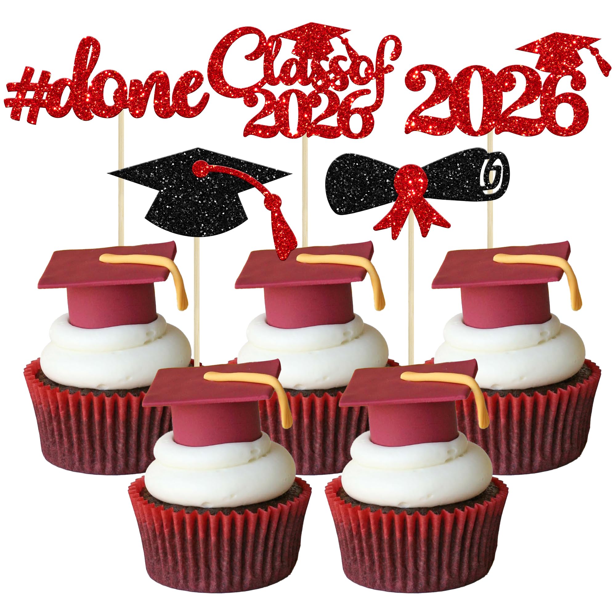 Gyufise 30Pcs 2026 Graduation Cupcake Toppers Red Glitter Class of 2026 Cake Toppers Graduation Done Cupcake Picks Grad Cap Diploma Cake Decorations for 2026 Graduation Theme Party Cake Supplies — image 1