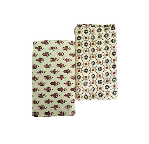 Men's Pure Cotton Hand Block Print Handloom Lungis (Off-white, 2.25 m) - Set of 2