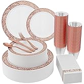 𝟮𝟭𝟬 Count Rose Gold Plastic Dinnerware Disposable Plates 30 Dinner & 30 Dessert Plates & 30 Cups & 30 Rose Gold Paper Napkins & 30 Plastic Silverware Set