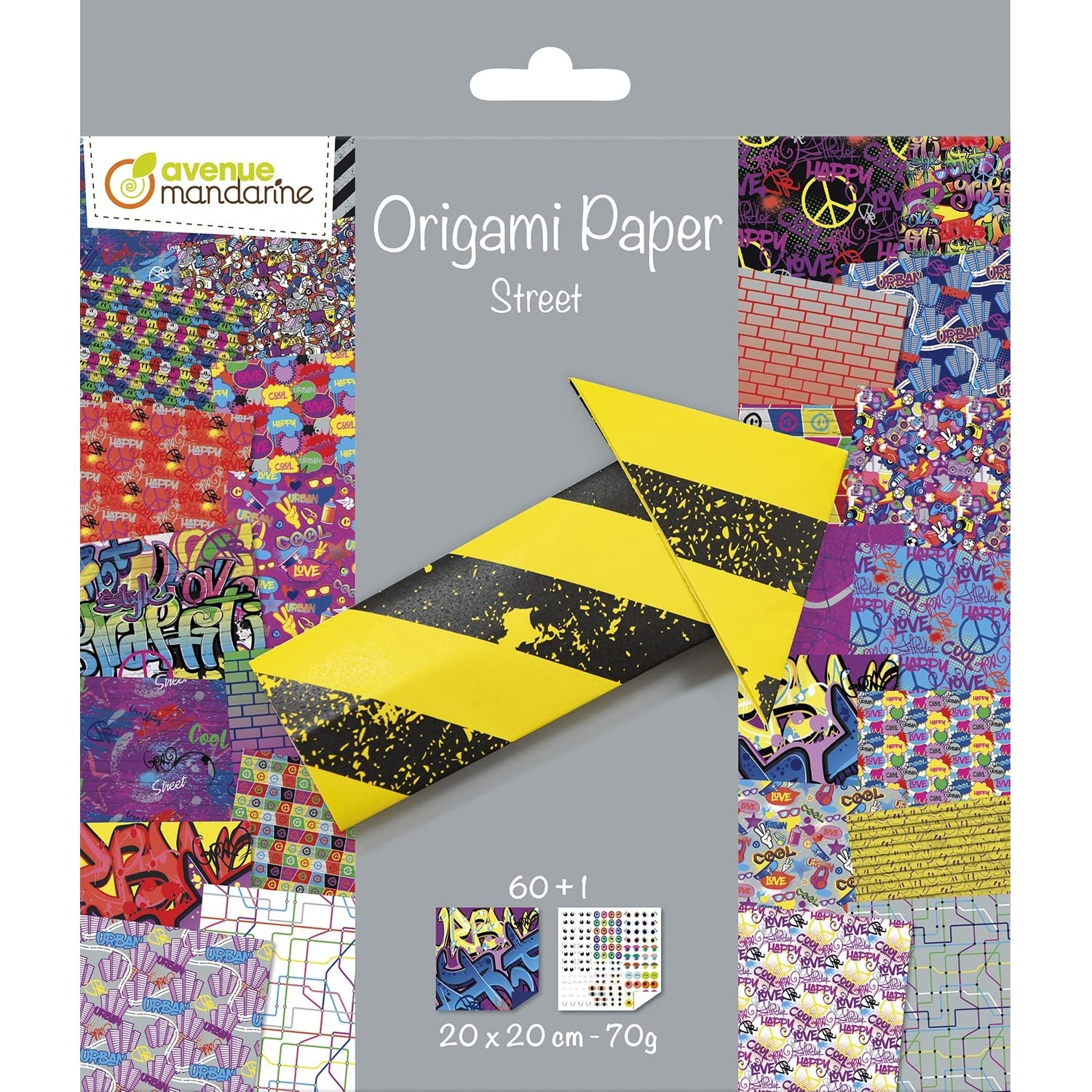 Avenue Mandarine Origami Paper, Street Art - 60 Sheets 20x20 cm, 70G (30 Patterns x 2 Sheets) - Eye Stickers Included - Ages 5+