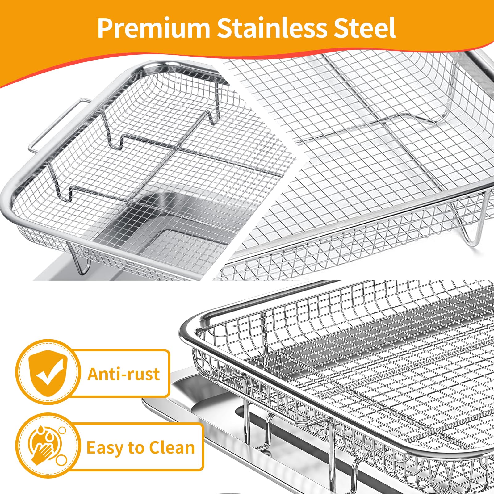 N.Gracia Air Fryer Basket for Oven, 15.5“ x 11.6“ large Stainless Steel Crisper Tray and Pan with 50 PCS Parchment Paper, Stainless Steel Air Fryer Basket for Baking Grilling