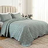 Auemtyn Full/Queen Size Quilt Set 3 Pieces, Soft Lightweight Summer Bedspread, Reversible Microfiber Bed Coverlet for All Seasons, Green, Geometric Pattern (1 Quilt, 2 Pillow Shams)