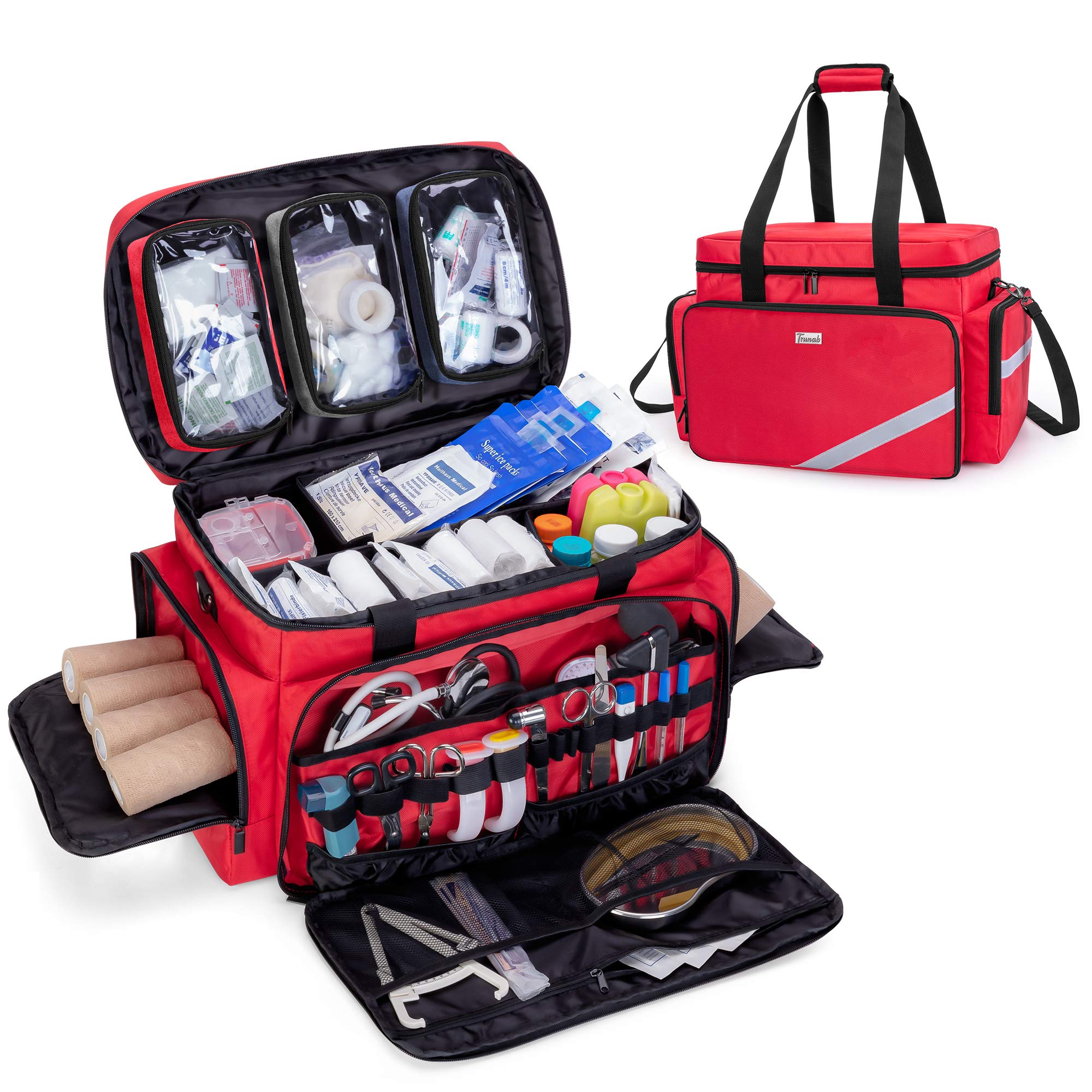Trunab First Aid Bag Empty, Professional Medical Bag Emergency Responder Trauma Bag with Inner Dividers and Anti-Slip Bottom, Ideal for EMT, EMS, Paramedics, Red, Bag ONLY - Patented Design