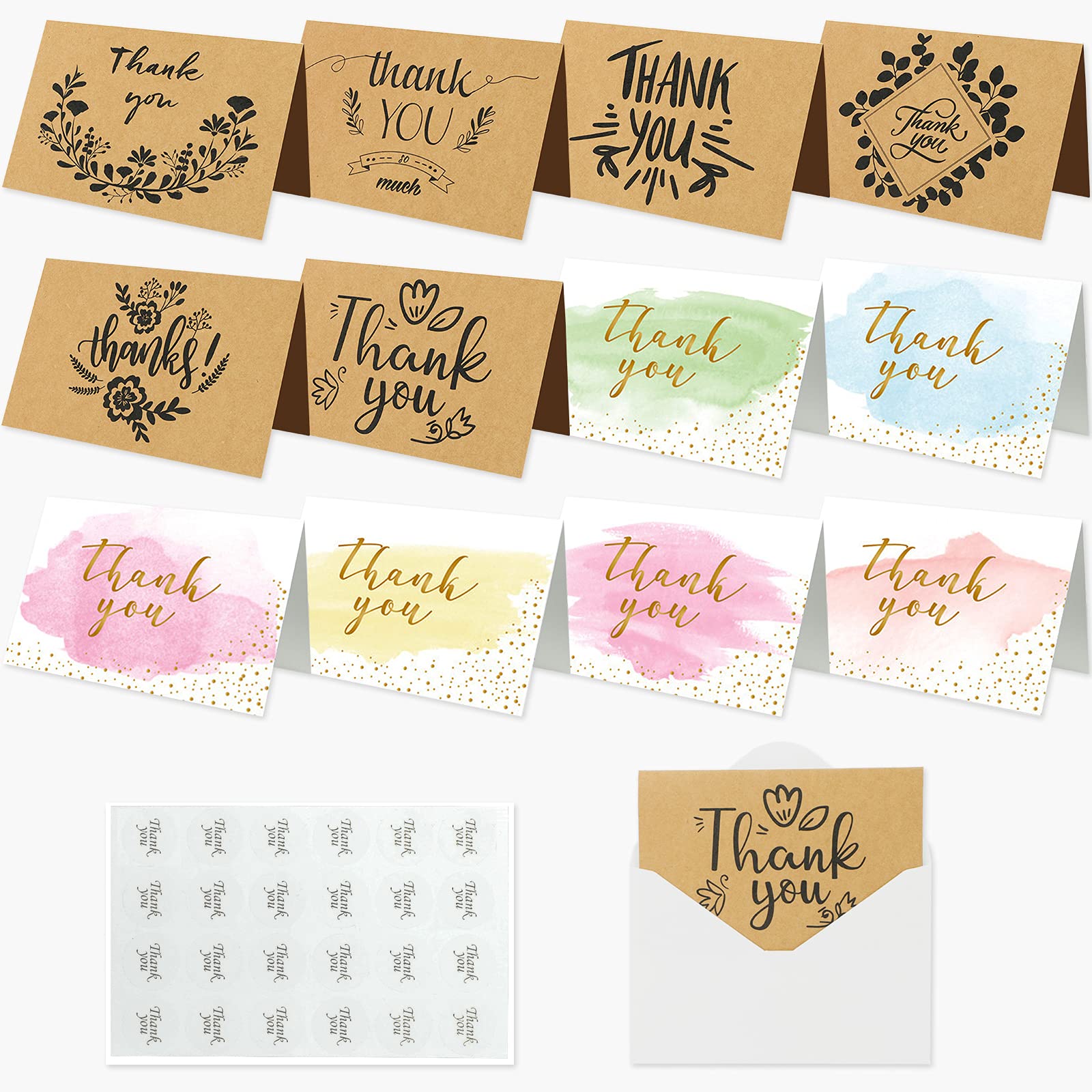 Thank You Cards Multipack, 12 Pack Thank You Gift Cards with Envelopes and Thank You Stickers, 12 Patterns Thank You Greeting Cards for Christmas Thanksgiving Day Mother's Day Father's Day
