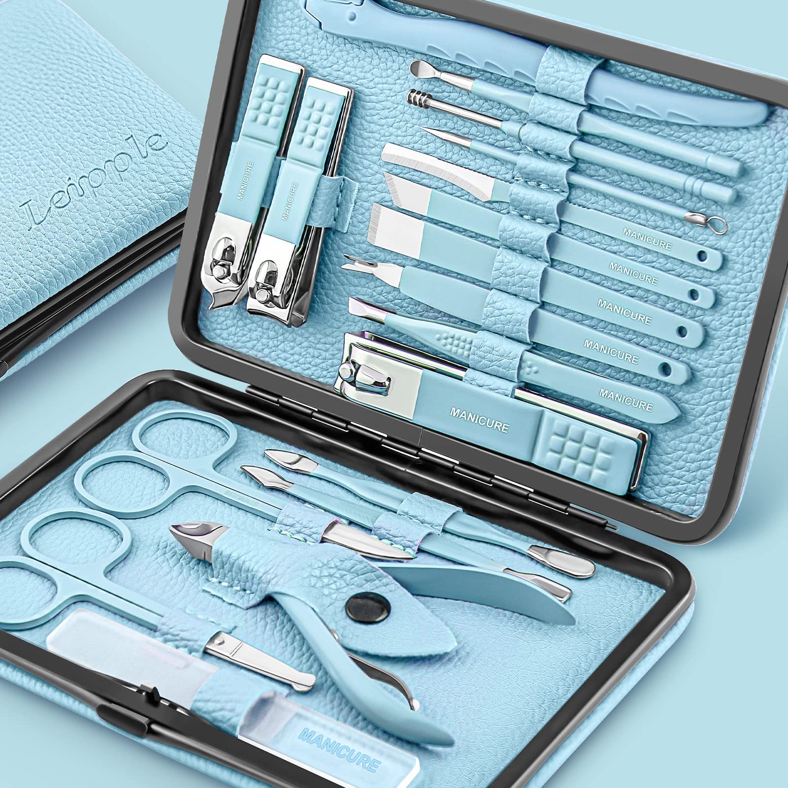 Manicure Set Professional Pedicure Kit Nail Clippers Kit - 18 Pcs Nail Care Tools - Grooming Kit with Luxurious Upgraded Travel Case (Blue)