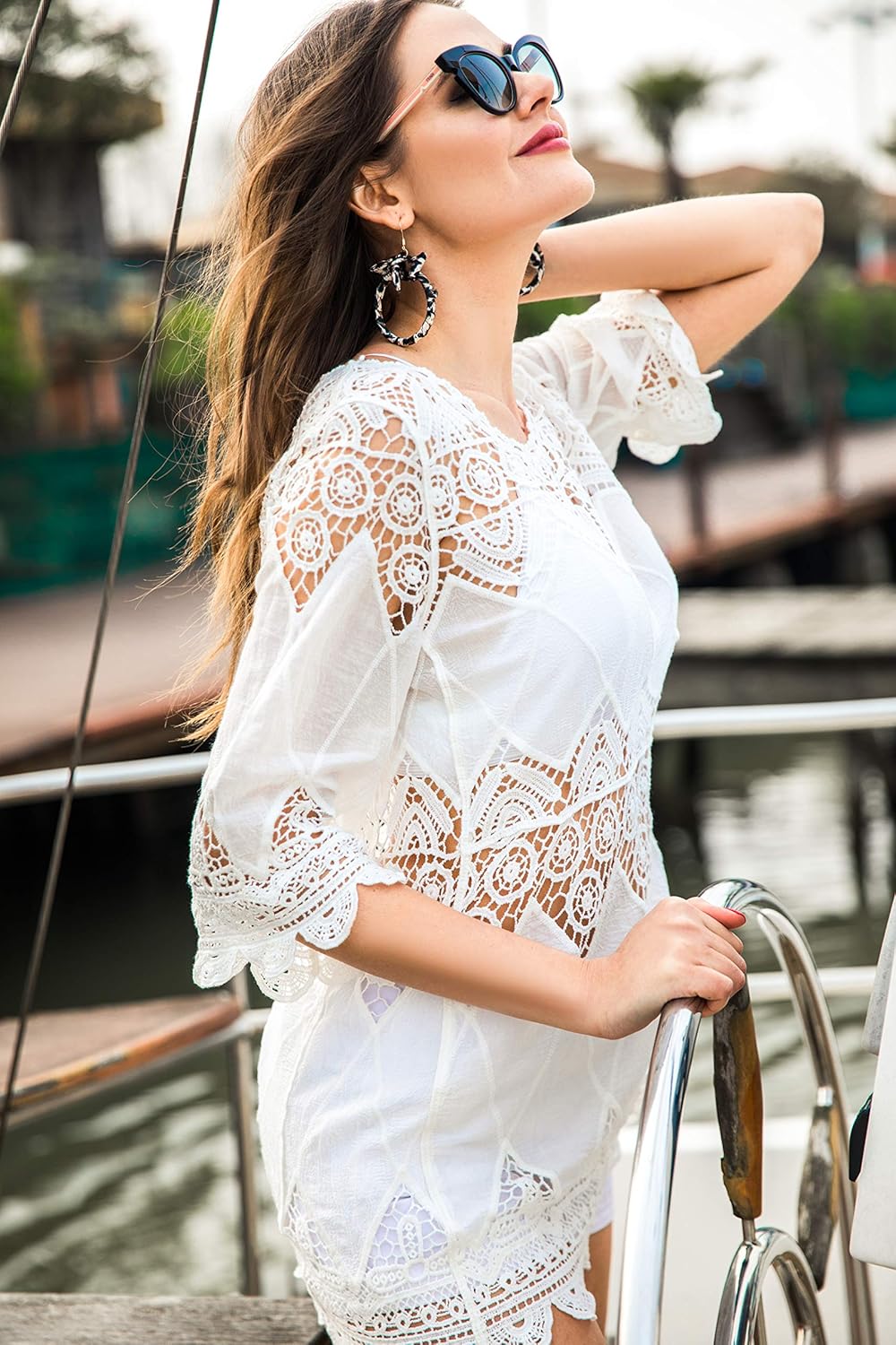 Women's Bathing Suit Cover Up Lace Crochet Tunic Bikini Beach Dress (M, White) at  Women’s Clothing store