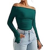 OMKAGI Women Long Sleeve Tops Boat Neck Off Shoulder Shirts Fitted Going Out Y2K Crop Top