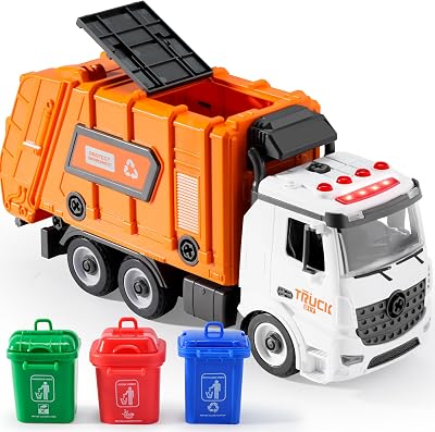 JOYIN Garbage Truck Toy with Light and Sounds Orange 3 Trash Cans