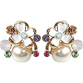 Navachi 18k Gold Plated Colorful Enamel Flower Leaves Multicolor Crystal Clip-on Omega Back Earrings