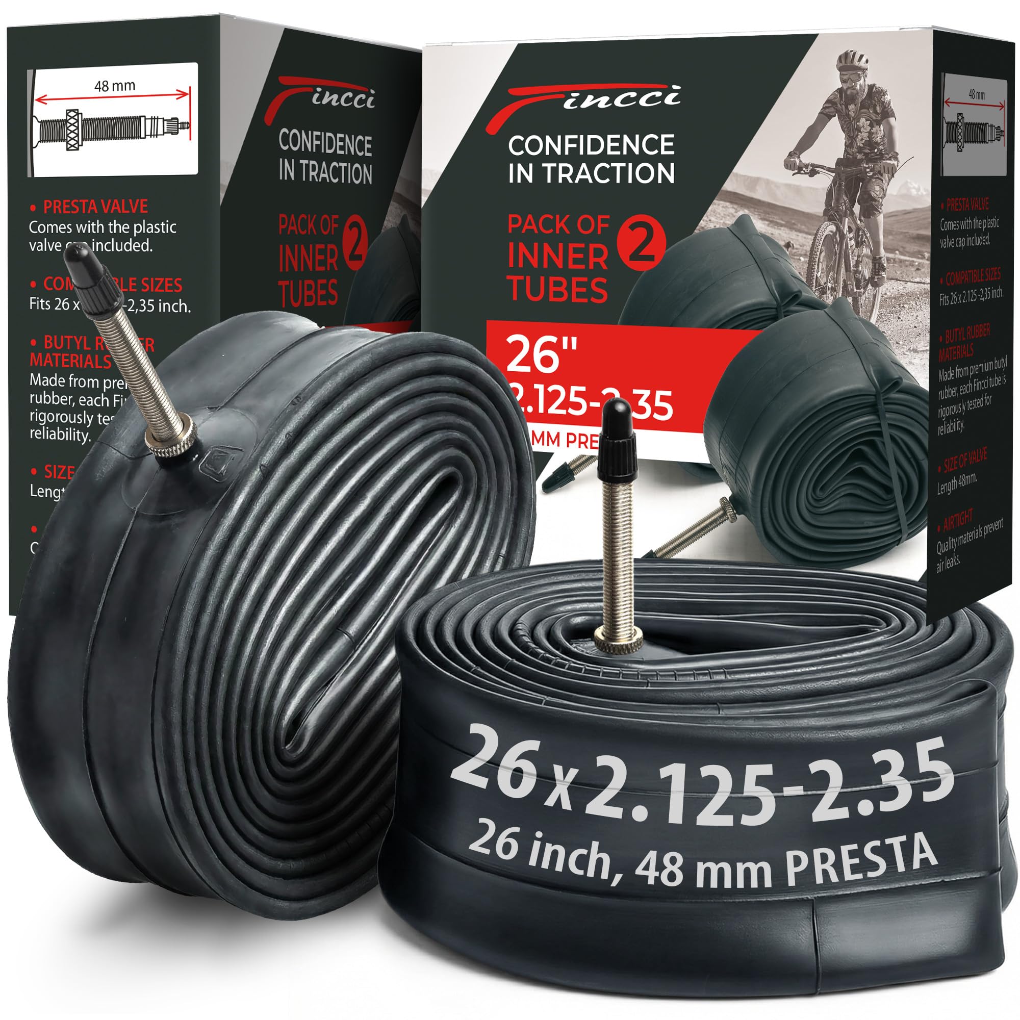 Fincci Pair Bike Inner Tube 26 x 2.1 x 2.125 x 2.2 x 2.3 x 2.35 with 48 mm Presta Valve - Inner Tubes 26 inch - 2PCS 26" 54–60 × 559 Bike Tyre Tube for MTB, Mountain, Road, Hybrid & Electric Bicycles