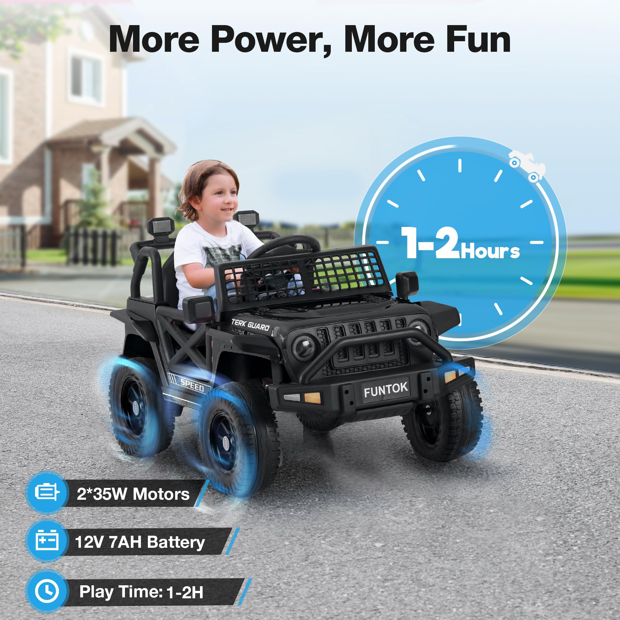 FUNTOK 12V 7AH Ride On Truck, Electric Car for Toddlers 1-3 w/Remote Control, LED Lights, 3 Speeds, Spring Suspension, Soft Start, Bluetooth Speaker, Music Player, Gifts for Boys and Girls (Black)