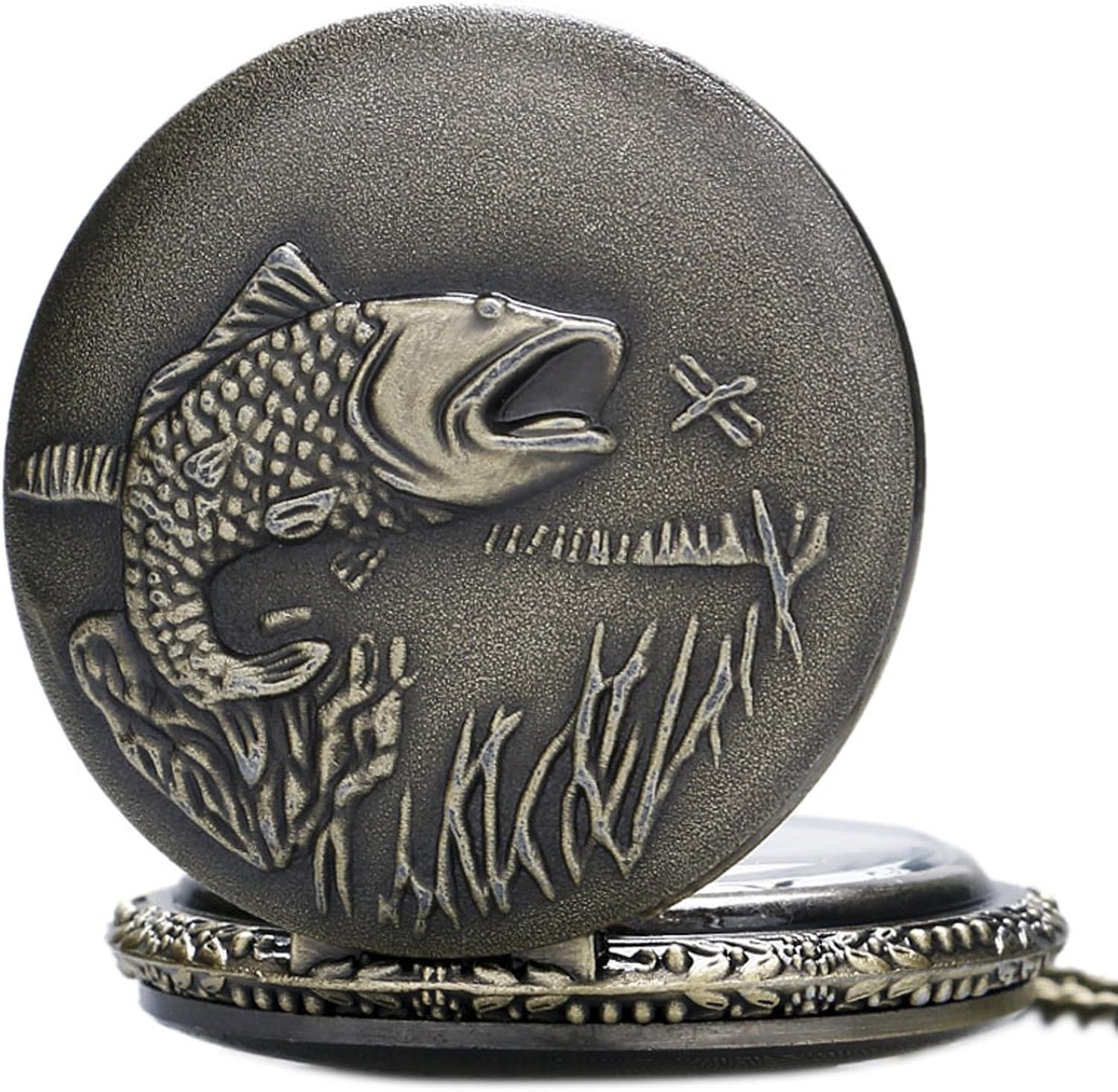 Fishing/Angling Themed Bronze 3D Effect Quartz Pocket Watch Necklace - On 32" Inch / 80cm Chain - Image 3