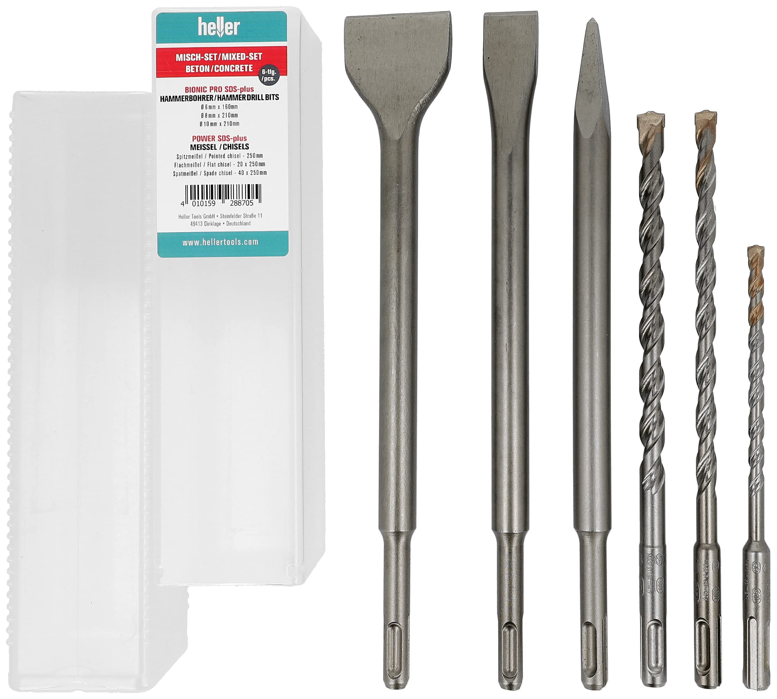Heller Tools SDS Plus Drill and Chisel Set, Concrete Drill bits Ø 6,8,10 mm, Pointed/Flat/Spade Chisel, 250 mm, for The Toughest tasks, Set 6-pcs., Chisel Set SDS, Hammer Drill bit