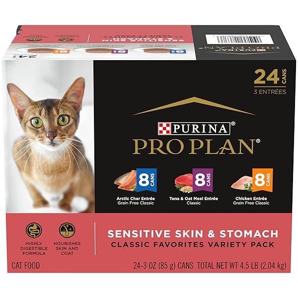 PURINA PRO PLAN SENSITIVE SKIN AND STOMACH WET CAT FOOD VARIETY PACK, SENSITIVE SKIN AND STOMACH ENTREES – (PACK OF 24) 3 OZ. CANS