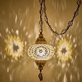 DEMMEX Plug-in Turkish Moroccan Mosaic Hanging Pendant Ceiling Light &ndash; Swag Lamp Fixture with 15ft Cord &amp; Chain, Handcrafted Glass, Tiffany Style, Mediterranean Decor (Amber Brown)