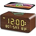 Andoolex Wooden Digital Alarm Clock with Wireless Charging, 0-100% Adjustable Brightness Dimmer and Alarm Volume, Weekday/Weekend Mode, Dual Alarm, Snooze, 12/24H, Wood LED Clock for Bedroom (Brown)