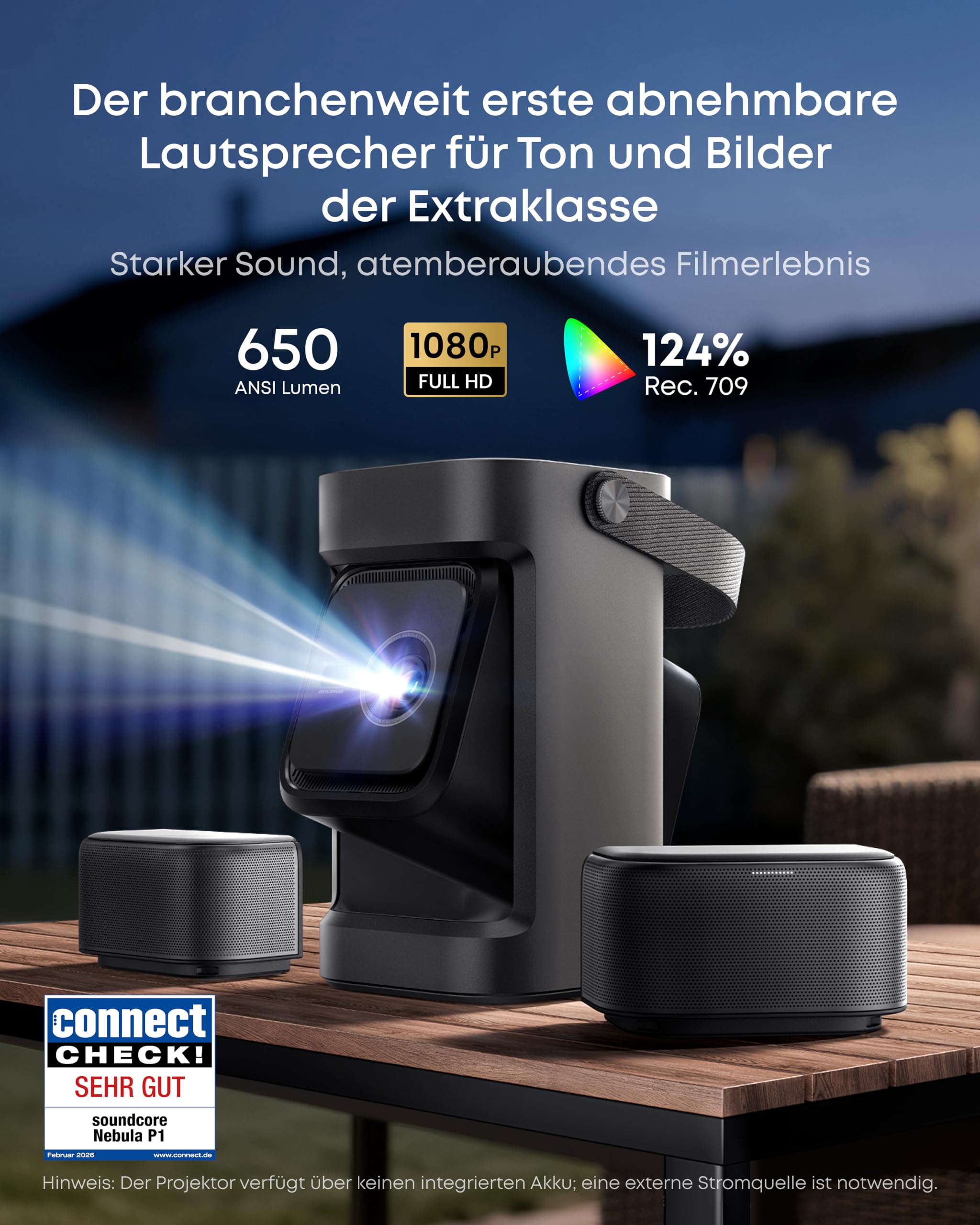 soundcore Nebula P1｜Beamer klein mit abnehmbarem Lautsprecher und integriertem AV-System, 650 ANSI Lumen, 1080p, 2.0 Surround Sound, Dolby Audio, 130°-Gimbal, Auto Kalibrierung, max. 180", Google TV 2