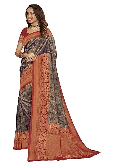 Womens Indian Fusion Soft Silk Embroidered Border Saree with Blouse Piece