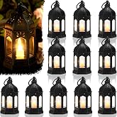 Cunhill 12 Pieces Mini Lanterns with Flickering LED Candle Vintage Decorative Hanging Candle Lanterns for Ramadan Wedding Decorations Party Table Centerpiece, Battery Included(Black)