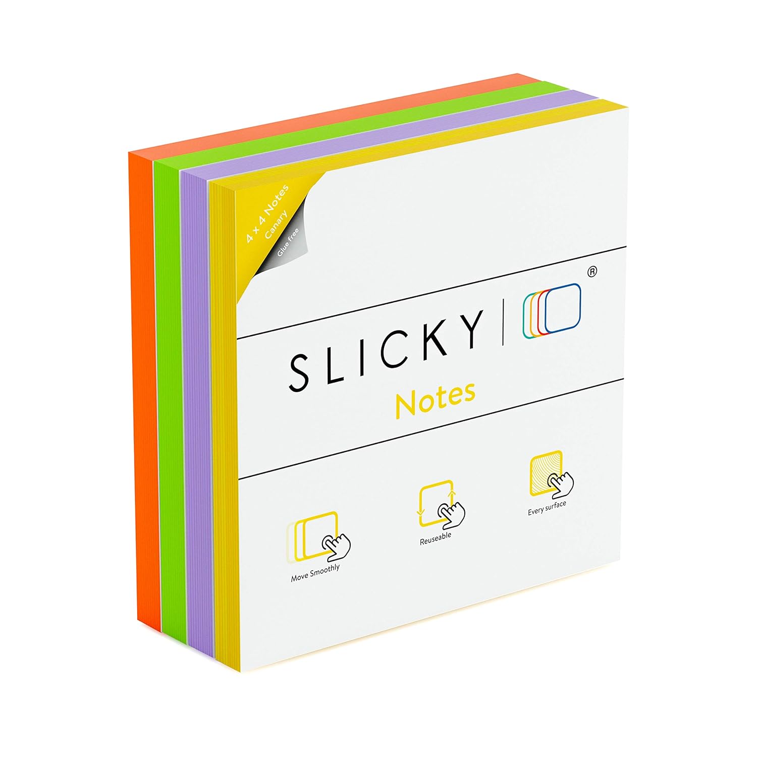 SlickyNotes Glue Free Static Cling Sticky Notes - Reusable Double-Sided Notes | Stick to Any Surface | Dry Erasable | Slideable | Recyclable Note Pads (Note 4x4 Bright, 4 Pads)