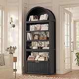 81" Tall Arched Cabinets,Bookcase with Drawer storage,Mid-Century Modern 5-Tier Bookshelf,2 Book Risers and Adjustable Shelves offering more storage space for Living Room,Kitchen,Home Office,Black
