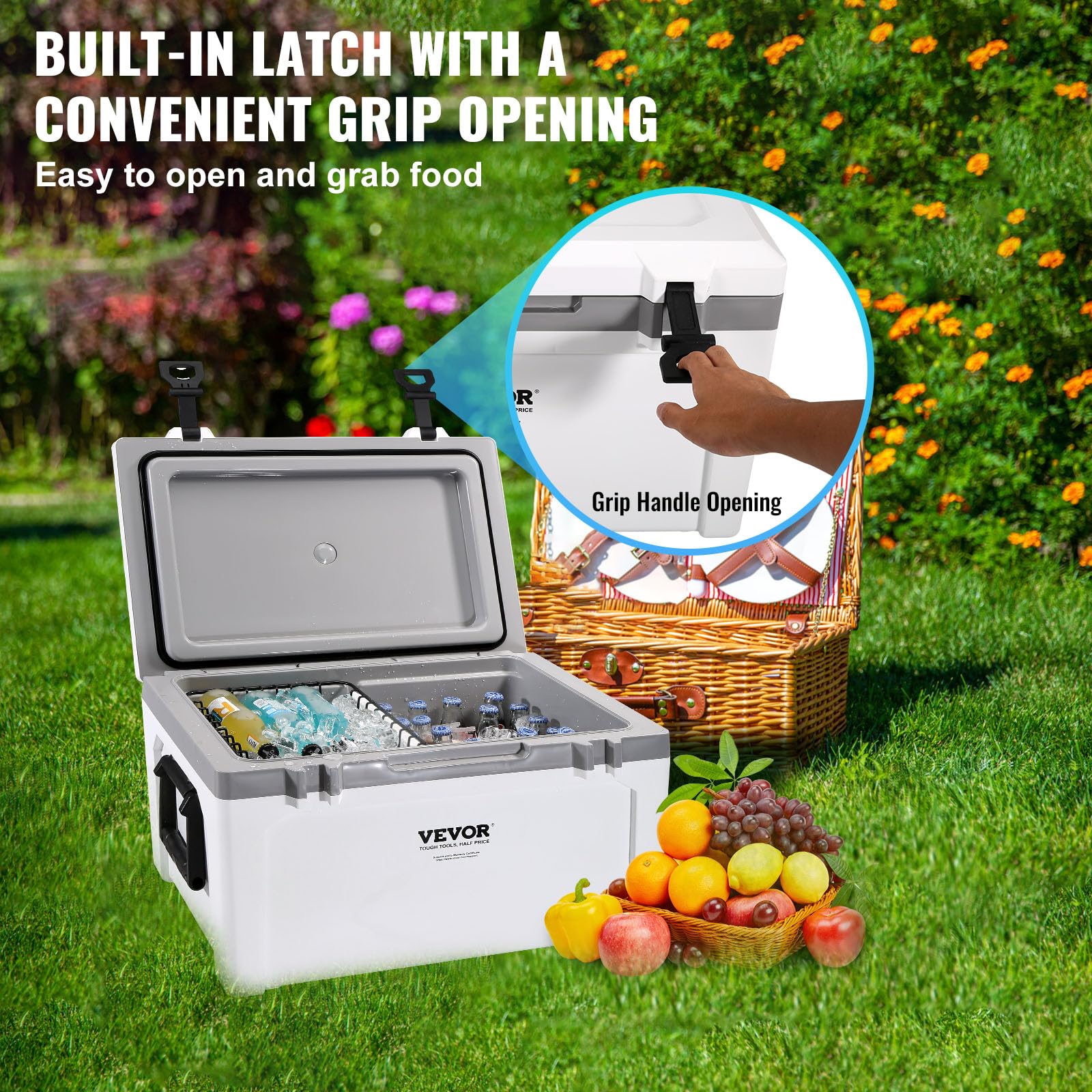 VEVOR Ultra-Light Hard Cooler, Ice Retention Cooler with Heavy Duty Handle, Ice Chest Lunch Box for Camping, Travel, Outdoor, Keeps Cool for up to 6 Days, 30% Lighter Than Rotomolded Coolers