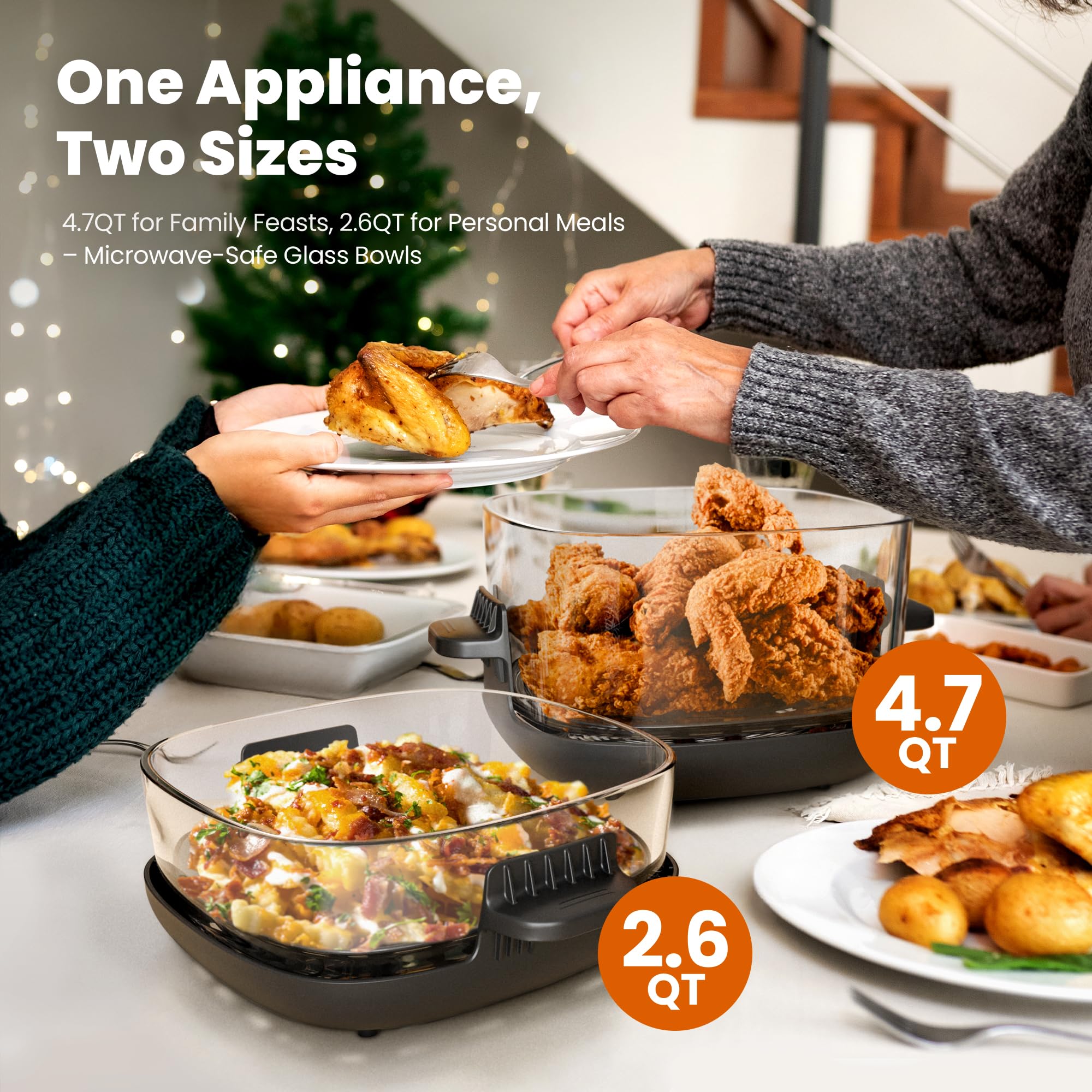 Kismile Freidora de aire de vidrio portátil 5 en 1, recipientes de vidrio dobles con tapas de 2.6QT y 4.7QT, 85% menos de aceite, horno freidora de aire inteligente compacto para asado profundo, crujiente, mantener caliente - Apto para congelador y lavavajillas