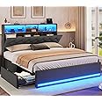 BTHFST Full Size Bed Frame with 4 Drawers & Charging Station, LED Bed Frame Full Size with Hidden Storage Headboard, Upholstered Metal Bed Full, No Box Spring Needed, Dark Grey