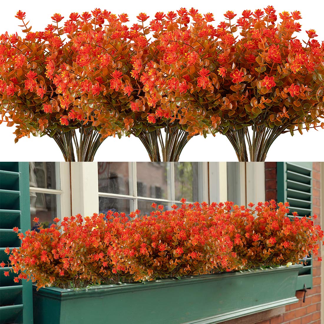 Photo 1 of Happylife 6 Bundles Artificial Flowers, Fake Artificial Greenery UV Resistant No Fade Faux Plastic Plants for Wedding Bridle Bouquet Indoor Outdoor Home Garden Kitchen Office Table Vase (Orange Red)